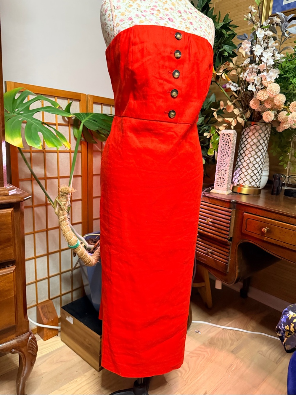 Ann Taylor Linen Blend Strapless Button Front Sheath Dress Fiery Red Size 12